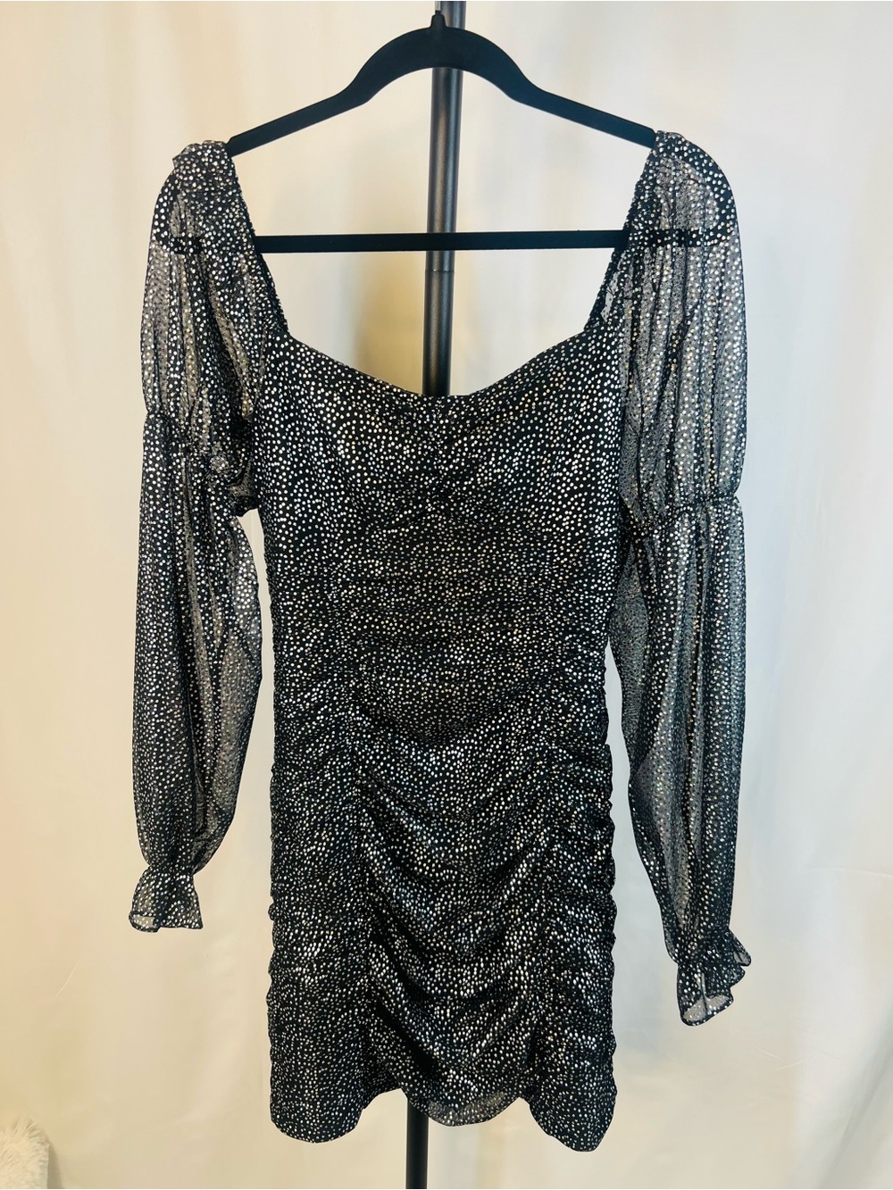 BCBGeneration Black and Silver Polka Dot Ruched Mini Dress